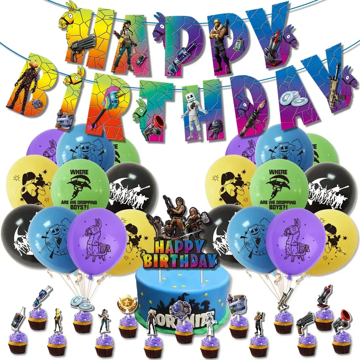 Party Games Good - Heißes Fortnite-Themen-Set: DIY-Ballons, Partyzubehör, Geburtstagsbanner, Latexballons,